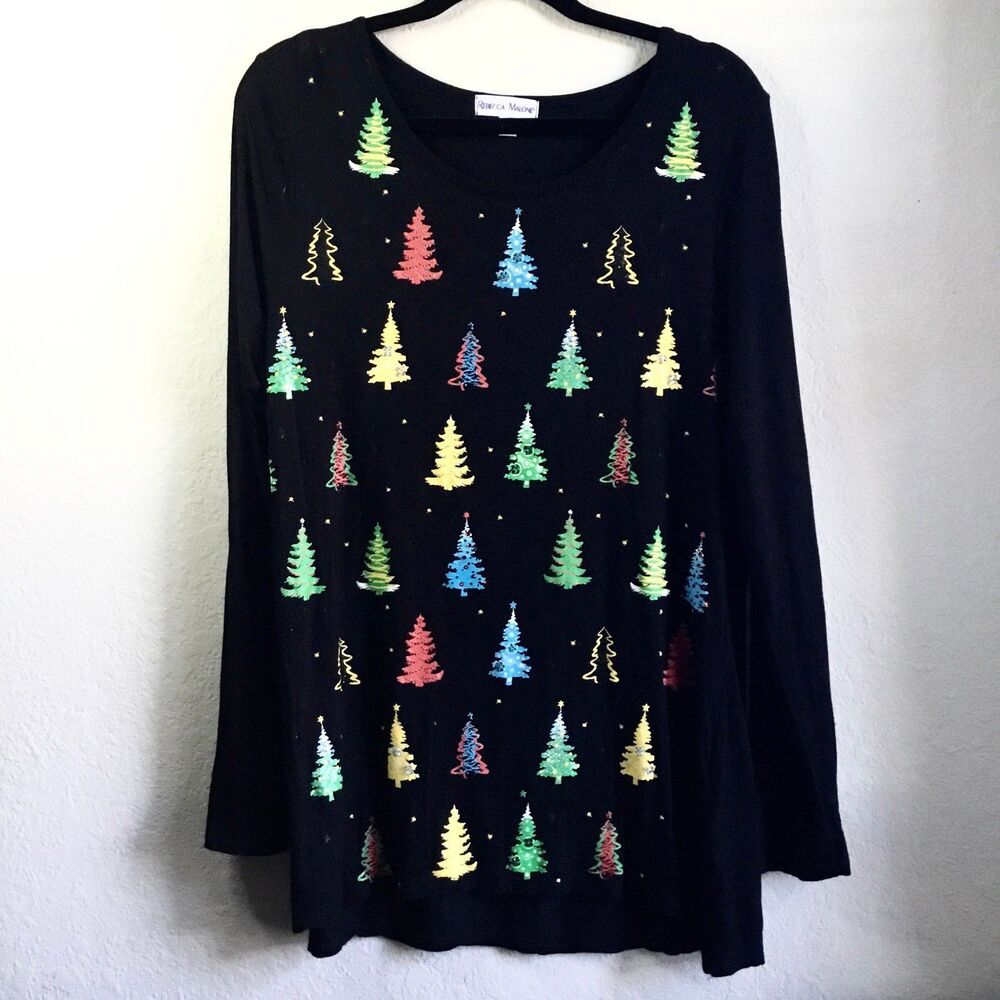 Xmas tree print and gem shirt long sleeve soft stretchy black shirt Christmas L